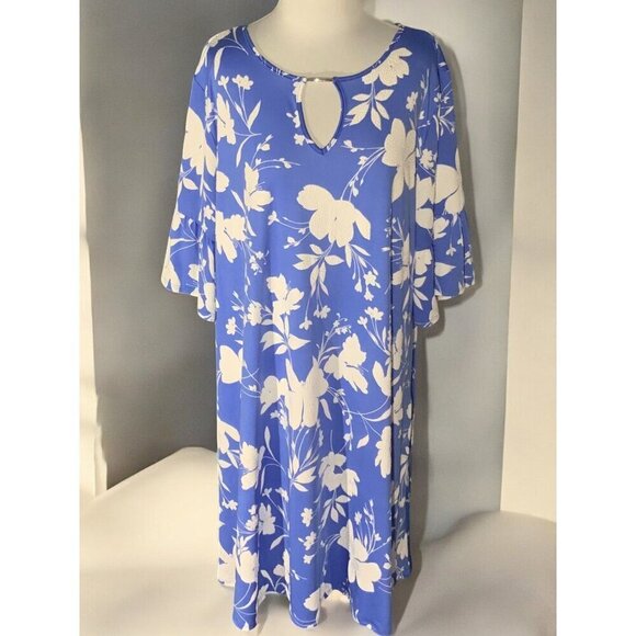 Ruby Rd Womens 2X Blue White Floral Dress Keyhole Neck Quarter Peplum Sleeves - Picture 9 of 9